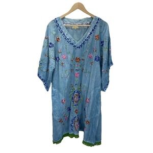 Ruby Yaya Embroidered Dress Size M Fringe Pockets Boho peasant 3/4 sleeve